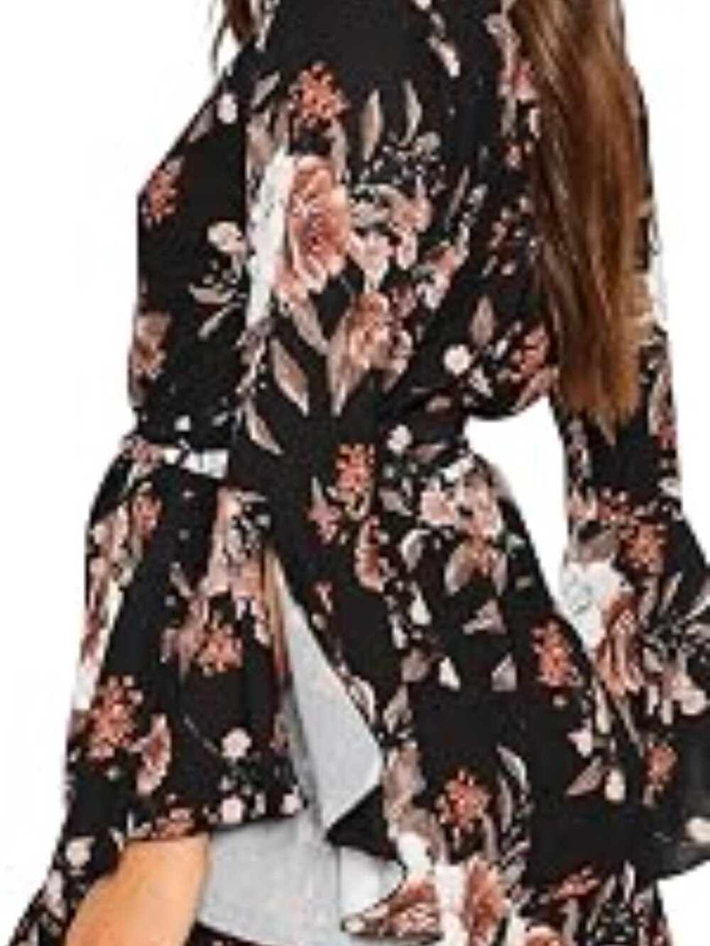 Boohoo Black Floral Wrap Top Bell Sleeve Romper NWT - Picture 5 of 5